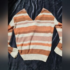 🤎 Striped V-Neck Knit Sweater in Cream and Rust